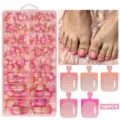 Detailed view of 160pcs French tip nude press-on toenails in a pink compartmentalized box - 160 Pieces Per Box / Multi-Color French Combo (06)