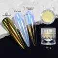 Detail of chameleon aurora nail powder showing effects on black, white, and clear bases. - Dopamine Aurora Powder 10 (TN10)