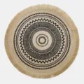 Runder gewebter Platzset aus Jute mit schwarzem Mandala-Muster und Fransenquasten - Quasten Stil 6 / 38 cm