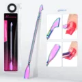 Close-up showing the detail of double-ended rainbow titanium cuticle pusher tool - Style 01 (gj0665-01) / AB Color