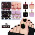 Detailed view of 96pcs French style press-on toenails in four elegant colors. - 96 Pcs / Dark Red Black Gold French (08)