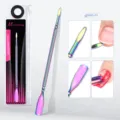 Detailed view of dual-ended rainbow titanium cuticle pusher for professional manicure - Style 03 (gj0665-03) / AB Color