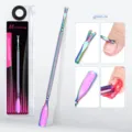 Close-up detail of rainbow stainless steel double-ended cuticle pusher for nail care. - Style 04 (gj0665-04) / AB Color