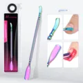 Detail view of rainbow titanium double-ended nail cuticle pusher with use case close-up - Style 06 (gj0665-06) / AB Color