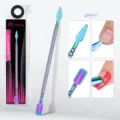 Detail of dual-ended stainless steel manicure tool with rainbow titanium finish. - Style 07 (gj0665-07) / AB Color