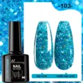 Vue détaillée du vernis gel bleu pailleté #103 avec finitions brillante et mate - 103 (Paillettes Bleu Foncé)