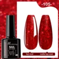 Détail du vernis à ongles gel rouge pailleté avec finis brillant et mat - 105 (Paillettes Rouge Vif)