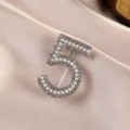 Pearl rhinestone number 5 brooch pin close-up detail shot elegant fashion accessory - 689# Silver