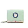 Joli portefeuille court Maneki-neko en similicuir vert clair avec fermeture éclair pour femme - Vert Haricot