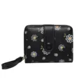 Petit portefeuille noir pour femme avec imprimé marguerites chic et dragonne amovible - Noir