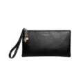 Portefeuille long classique en cuir noir avec breloque en cœur doré et perle élégante - Noir