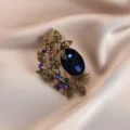 Vintage dark blue rhinestone leaf brooch detail shot, elegant suit accessory and gift choice. - 721#