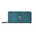 Grand portefeuille femme RFID bleu sarcelle, motif ajouré vintage et fermeture éclair. - Style Ajouré Vintage (1173-3) / Bleu sarcelle