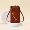 Elegante braune bestickte Umhängetasche für Handys mit goldenem Verschluss und Blumen - Braun