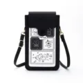 Sac de téléphone portable mignon pour femmes avec fenêtre tactile et bandoulière - Imprimé dessin animé / Noir