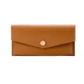 Long slim brown faux leather wallet for women with leaf design metal snap button - Brown