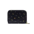 Élégant porte-cartes accordéon noir pour femmes motif feuilles dorées en cuir PU souple - Noir