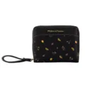 Petit portefeuille noir pour femme avec motif feuilles, fermeture éclair et dragonne - Noir