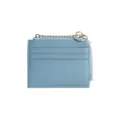 Slim light blue pebbled leather card holder with zipper pocket and silver metal keychain ring - Azure Blue