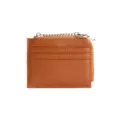 Minimalist slim brown pebble leather card holder with 3 slots and keychain zipper coin pouch - Brown