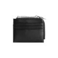 Slim black leather card holder wallet with silver zipper and chain keychain ring - Black
