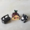 Set of 3 miniature resin figurines including bench, house, and cow for micro landscape - Three-piece Set Of Deer