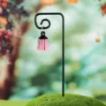 Pink miniature luminous lantern hanging on a black metal hook for DIY fairy garden landscaping - Lantern With Iron Hook / Pink