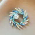 Elegant blue crystal wreath flower brooch with center white pearl for suits and dresses - Blue Wreath