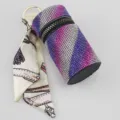 Detail view of purple gradient rhinestone lipstick case with elegant silk scarf accessory - Purple Stripe