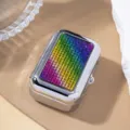 Detailed view of a rectangular silver metal case encrusted with rainbow gradient rhinestones - Colorful