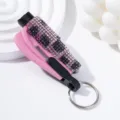 Close-up of pink rhinestone car safety hammer glass breaker with keychain - Pink-Purple Inlaid (C4)