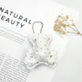 Sparkly white leather bear keychain with rhinestone studs and silver ball chain - White