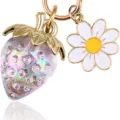 Sweet pink iridescent strawberry charm with white daisy flower keychain for bags - Colorful Rhinestone Strawberry (7#)