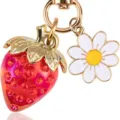 Sweet red rhinestone strawberry and white daisy charm keychain in gold finish. - Full Rhinestone Red Strawberry (#8)
