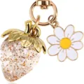 Sweet strawberry and daisy keychain with gold-tone hardware for bags - Gold Glitter Translucent Strawberry (#9)