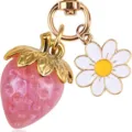 Sweet pink glitter strawberry and white daisy keychain accessory bag charm in gold finish - Pink Fine Glitter Strawberry (#10)