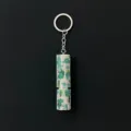Detailed close-up of a 5ml green camouflage rhinestone-encrusted perfume atomizer keychain. - Creamy Green