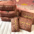 Leopardenmuster Reise Aufbewahrungstasche Set, 6-teiliges Oxford Stoff Organizer für Kleidung. - Rosa Leopard
