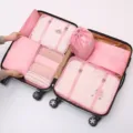 Pink travel packing cubes 8-piece set for luggage organization, durable polyester fabric. - 7-Piece Set / Pink