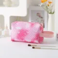 Elegant pink waterproof square cosmetic bag featuring butterfly prints and a convenient handle - With Handle / Pink Rainbow