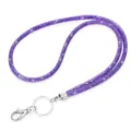 Macro detail of purple sparkling crystal lanyard with mesh tube and silver metal clasp - 49cm / Purple