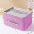 Detail of luxury pink rhinestone tissue box with multi-functional storage slot - Pink