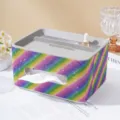 Close-up of luxury rainbow rhinestone tissue box with multi-functional lid compartments - Colorful