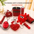 8-delige rode strass zelfverdediging sleutelhanger set met pluche bal en alarm - 8-delige set / Rood