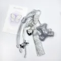 Silver leather bear keychain with metallic heart and star charms - Gray