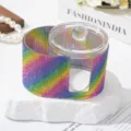 Luxueuse boîte de rangement 2-en-1 strass arc-en-ciel pour cotons et cotons-tiges - Coloré