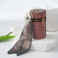 Luxury rhinestone lipstick pouch keychain featuring an elegant silk scarf accessory. - Red
