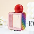 Detail showing 40ml square perfume spray bottle with rainbow rhinestones - 40ml / Colorful