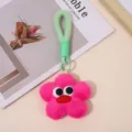 Hot pink plush flower charm with cute googly eyes and green fuzzy handle for bags - Rose Red