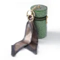Detail view of green rhinestone mini lipstick pouch with houndstooth silk scarf and gold keychain - Green